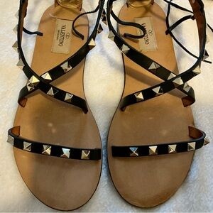 Valentino Black and Gold Studded Sandals